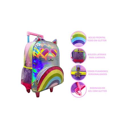 Imagem de Kit Mochila Feminino Rodinhas Gato Colorido Lancheira Estojo