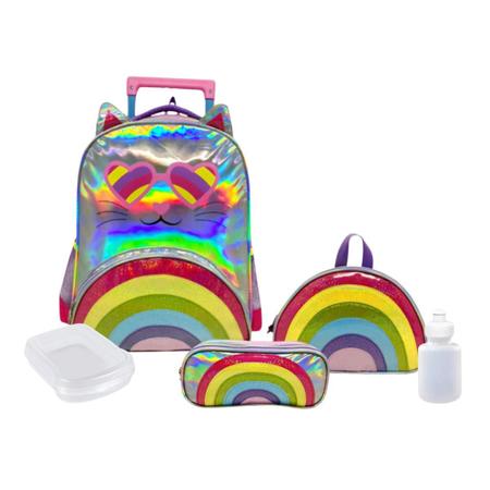 Imagem de Kit Mochila Feminino Rodinhas Gato Colorido Lancheira Estojo