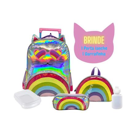 Imagem de Kit Mochila Feminino Rodinhas Gato Colorido Lancheira Estojo