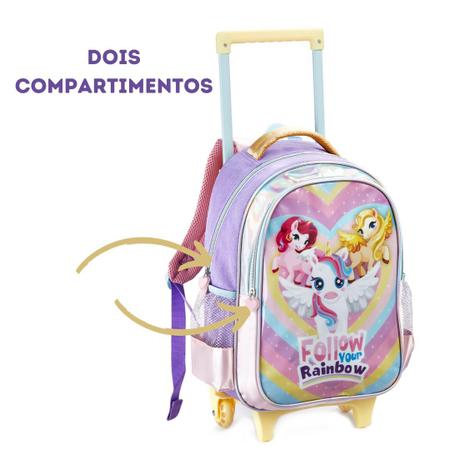 Imagem de Kit Mochila Infantil Carrinho Rodinhas + Lancheira + Estojo Unicornio