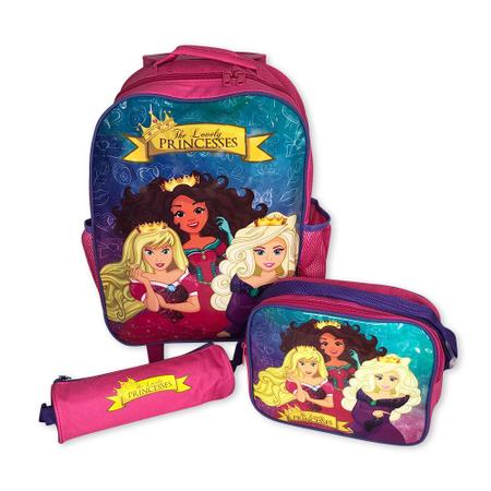 Imagem de Kit Mochila Infantil Escolar com 3 peças Princesas - Roxa Rosa