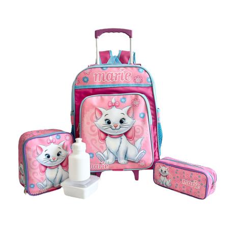 Kit Mochila Infantil Escolar Com Rodinhas Gata Marie