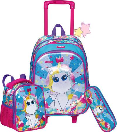 Imagem de Kit Mochila Infantil Escolar Unicórnio Rodinha Carrinho Menina Estojo 2 Compartimentos + Lancheira Térmica