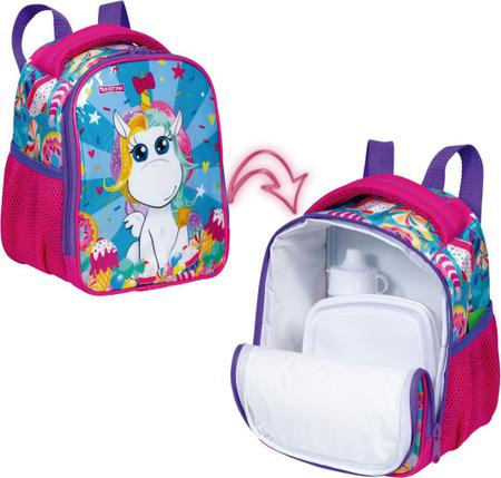 Imagem de Kit Mochila Infantil Escolar Unicórnio Rodinha Carrinho Menina Estojo 2 Compartimentos + Lancheira Térmica