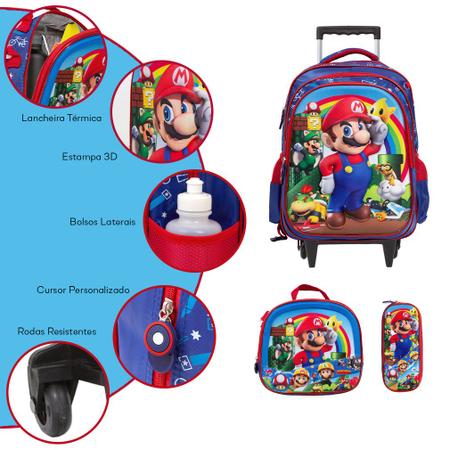 Imagem de Kit Mochila Infantil Menino Super Mario 3D Rodinhas Tam G