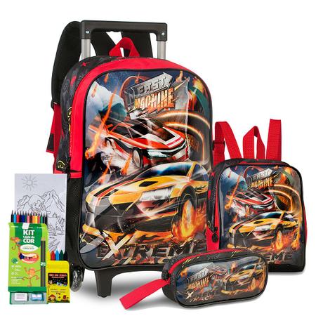 Imagem de Kit Mochila Infantil Meninos Rodinha Estojo Lancheira Fast Machine Carros Escolar Clio