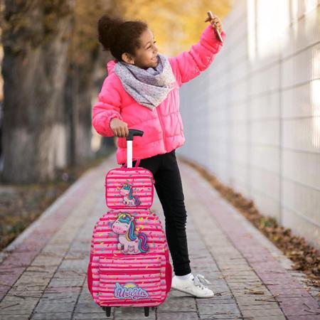 Imagem de Kit Mochila Infantil Rodinha Menina Unicórnio Rosa 3 Peças