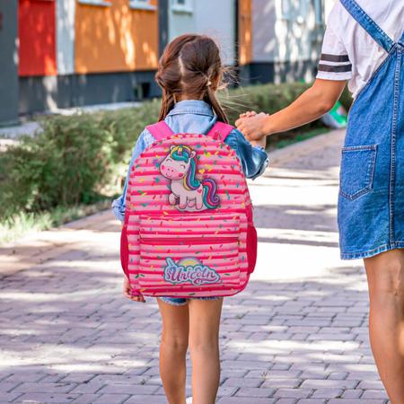 Imagem de Kit Mochila Infantil Unicórnio Tam G Costas Passeio Colorida