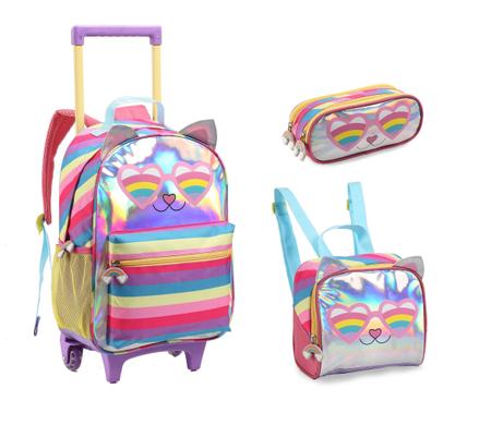 Kit Mochila e Estojo Escolar de Rodinha Infantil Menina Gatinho