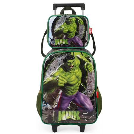 Imagem de Kit Mochila Mochilete Infantil Hulk Vingadores Verde Escolar Tam G Com Rodinha Reforçada Lancheira