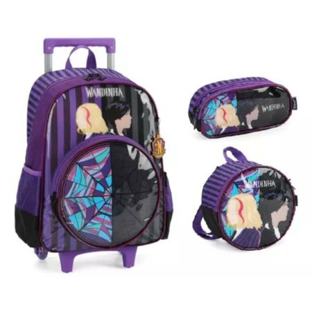 Kit mochila rodinha com lancheira e estojo wandinha - luxcel Imagem de Kit mochila rodinha com lancheira e estojo wandinha - luxcel