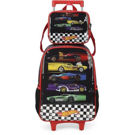 Imagem de Kit Mochila Rodinha Infantil Lancheira Hot Wheels Carros