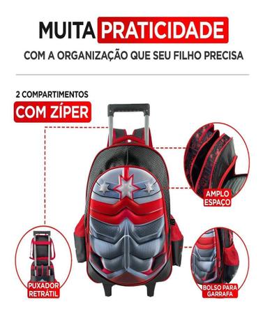 Imagem de Kit Mochila Rodinha Lancheira Estojo Escolar Masculino Resistente Capitão América