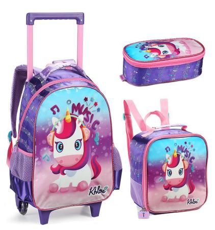 Imagem de Kit Mochila Rodinhas Infantil Menina DL0977 Unicórnio Fofa