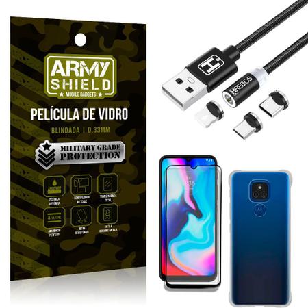 Imagem de Kit Moto E7 Plus Cabo Magnético 2 Metros + Capinha + Película 3D - Armyshield