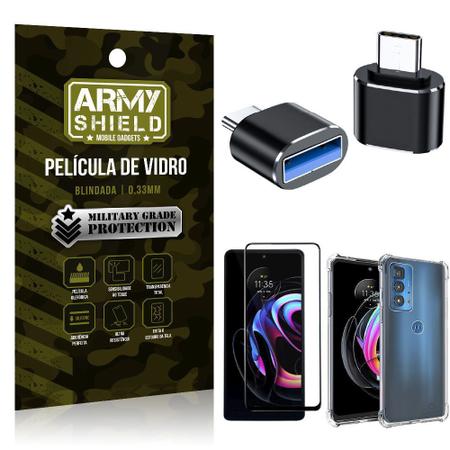 Imagem de Kit Moto Edge 20 Pro Adaptador OTG Tipo C para USB + Capa Anti Impacto + Película 3D - Armyshield