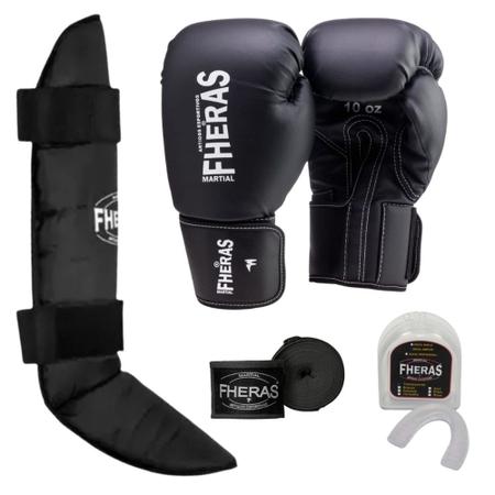 Imagem de Kit Muay Thai Boxe Luva, Bandagem, Bucal E Caneleira Fheras