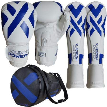 Imagem de Kit Muay Thai Kickboxing Luva + Caneleira + Bolsa Olimpo Branco