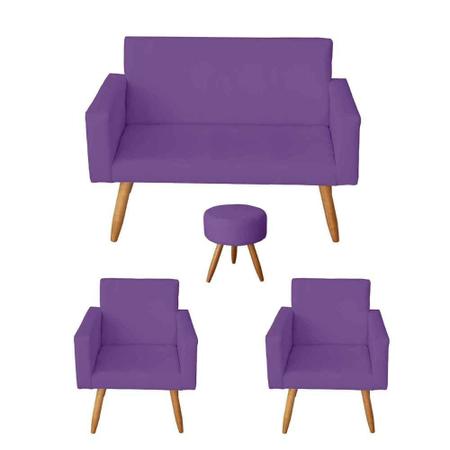 Imagem de Kit Namoradeira Decorativa com 2 Poltronas Sala de Estar Nina e Puff Sófia Roxo - Mafer