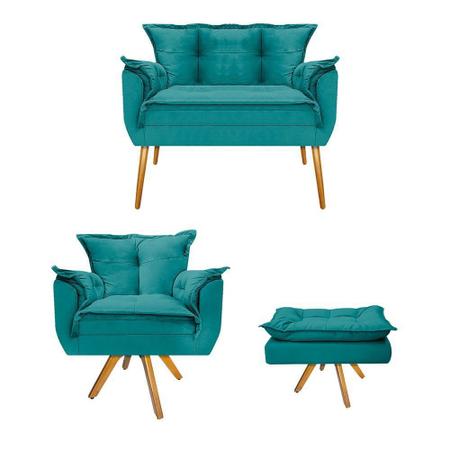 Kit Namoradeira, Poltrona e Puff Zatti Base Giratória de Madeira Sala de Espera Suede Azul Turquesa - DAMAFFÊ MÓVEIS - DAMAFFE MÓVEIS Imagem de Kit Namoradeira, Poltrona e Puff Zatti Base Giratória de Madeira Sala de Espera Suede Azul Turquesa - DAMAFFÊ MÓVEIS