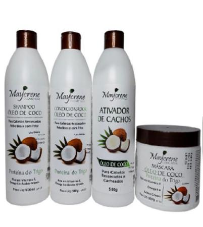 Imagem de Kit Óleo de Coco Cabelos Cacheados Shampoo Condicionador Máscara e ativador 500ml Maycrene