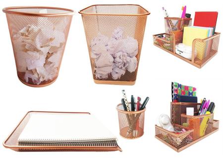 Imagem de Kit organizador de escritorio rose gold, lixeiras aramada, porta caneta treco, bandeja porta papel, organizador de mesa