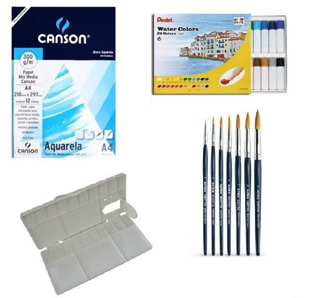 Imagem de Kit Papel Canson Aquarela+Aquarela Pentel 24 Cores HTP+Godê+Kit Pinceis Taklon