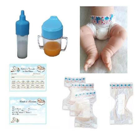 Kit Acessórios Para Bebe Boneca Reborn Menino Azul - Fralda Certidão Vacina  Mamadeiras