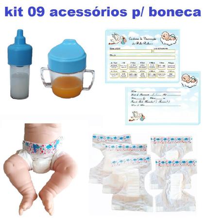 Kit Acessórios Para Bebe Boneca Reborn Menino Azul - Fralda Certidão Vacina  Mamadeiras