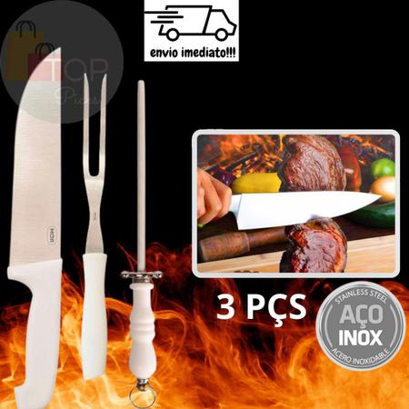 Imagem de Kit Para Churrasco 3 Pçs Faca Chaira Amolador e Garfo Trinchante