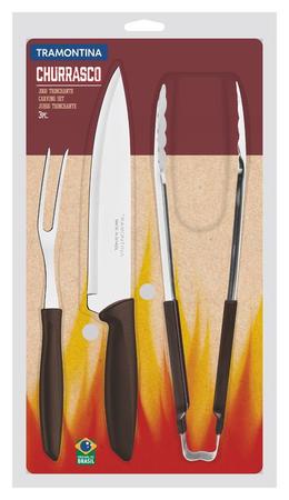 Imagem de Kit para churrasco plenus com laminas em aço inox e cabos de polipropileno marrom 3 peças tramontina