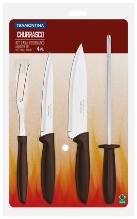 Imagem de Kit para churrasco plenus com laminas em aço inox e cabos e polipropileno marrom 4 peças tramontina