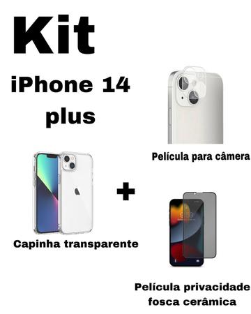 Imagem de Kit para iPhone 14 Plus Capa Transparente + Película Fosca Privacidade + Película De Câmera