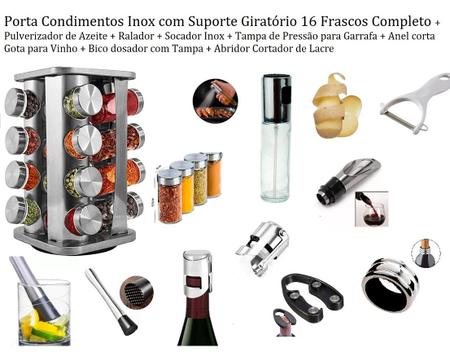 Imagem de Kit Para Presente Porta Condimentos Suporte de Inox Giratório + 7 Acessórios Para Cozinha