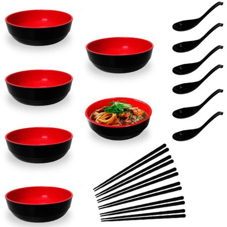 Imagem de Kit para Sopa Japonesa com 6 Tigelas 450 Ml + 6 Colheres Melamina + 6 Pares de Hashi Preto