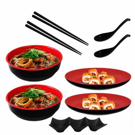 Imagem de Kit para Sopa/Sushi 2 Tigelas 450 Ml + 2 Pratos 20cm + 2 Colheres + 2 Pares de Hashi e 1 Molheira