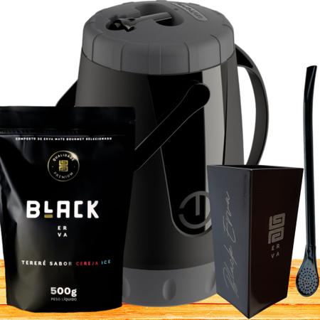 Imagem de Kit Para Tereré Garrafa Lisa+Black Erva Mate 500g+Copo Quadrado Acrílico+Bomba Clássica Preta