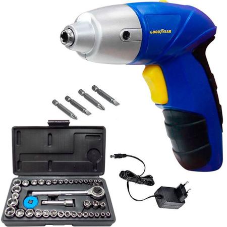 Kit Parafusadeira a bateria 4,8V com 4 bits + Jogo de soquete sextavado encaixe 1/ - Goodyear Imagem de Kit Parafusadeira a bateria 4,8V com 4 bits + Jogo de soquete sextavado encaixe 1/ - Goodyear