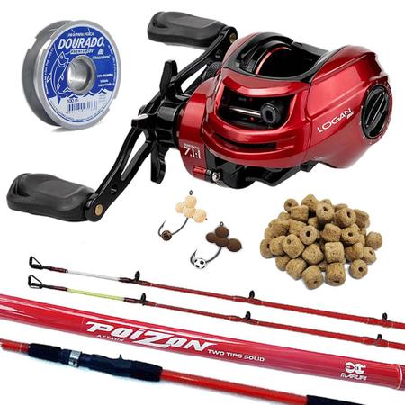 Imagem de Kit Pesca Esportiva Carretilha Bg Vara Poizon Ração e Linha