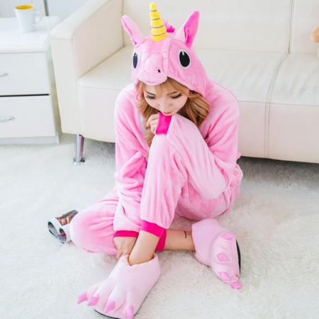 Imagem de Kit Pijama Feminino com Pantufa Unicórnio Rosa KigurumiMacacão com Capuz Pelúcia Quentinho