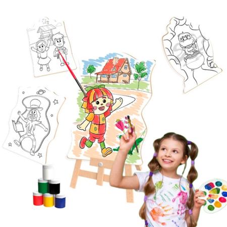 Kit Pintura Infantil Completo Pincel Tinta Desenhos Paletas