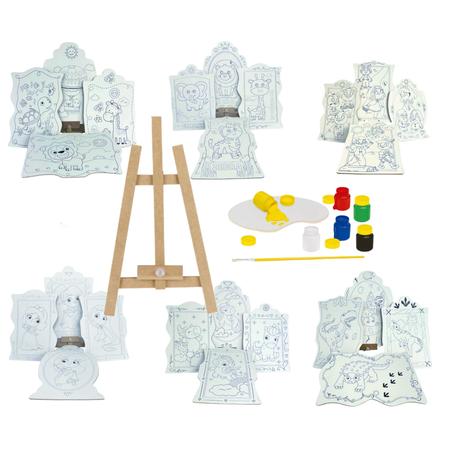Imagem de Kit Pintura Infantil Temático Pintando O Sete Cavalete Telas Tintas Pincel Animais Bichos Reino Animal