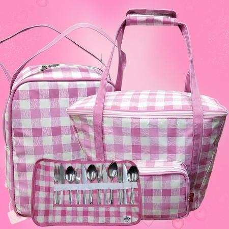 Imagem de Kit Piquenique Cesta Térmica Rosa Barbie Xadrez   Bolsa Garrafas com talheres
