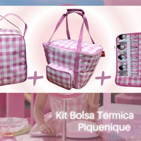 Imagem de Kit Piquenique Cesta Térmica Rosa Barbie Xadrez   Bolsa Garrafas com talheres