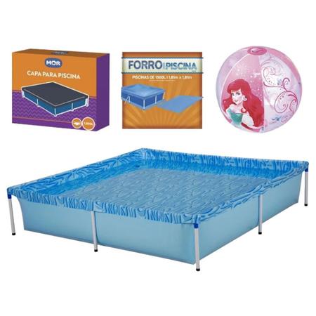 Imagem de Kit Piscina Quadrada 1500 L + Capa e Forro Mor + Bola Inflavel Das Princesas