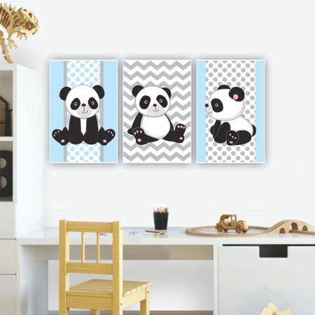 Imagem de Kit Placas Quadros 3 Pçs 20X30 Infantil Panda Azul