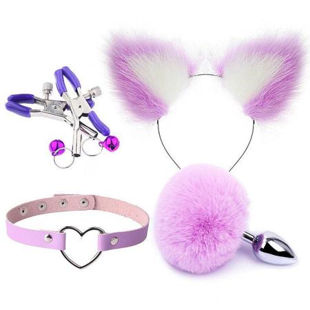 Imagem de Kit Plug Anal Rabo Coelho Tiara Grampos Gargantilha Roxo