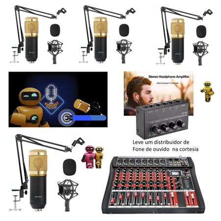 Imagem de Kit Podcast Sistema Setup Podcast Radio Web Mesa de Som Interface USB Com 4 Microfones 