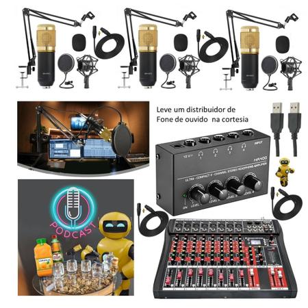 Imagem de Kit Podcast Sistema Setup Podcast Radio Web Mesa de Som Interface USB Com 4 Microfones 