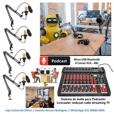 Imagem de Kit Podcast Sistema Setup Podcast Radio Web Mesa de Som Interface USB Com 4 Microfones 